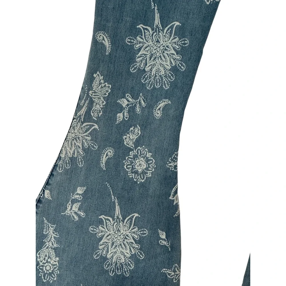Free People Just Float On Printed Flare Jeans Floral Paisley Blue 29 Raw Hem